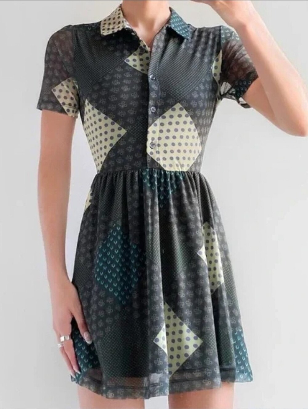 Urban Outfitters Geometric Patchwork Mini Dress in Dark Green and Cream Size S